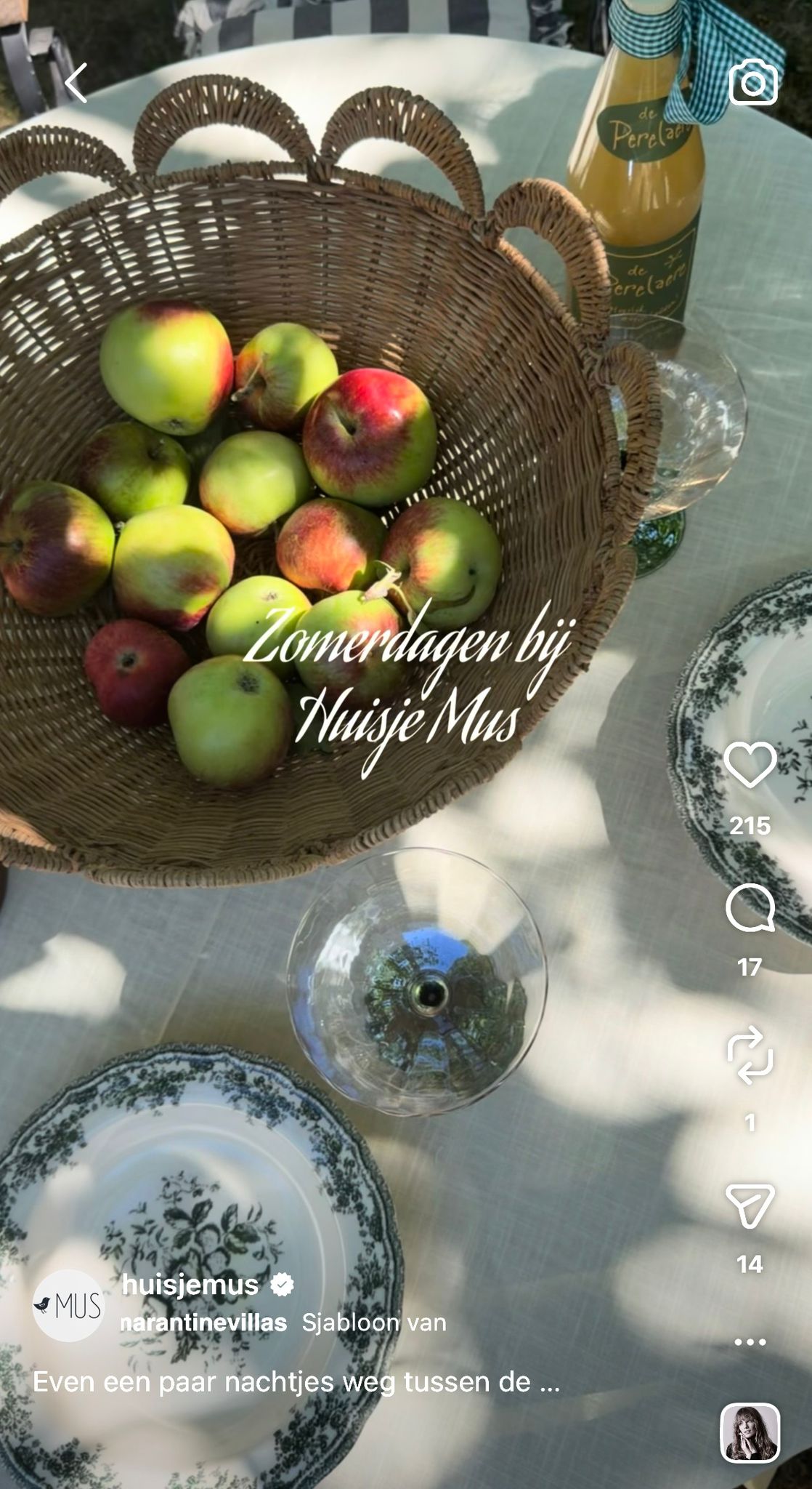 Instagram reel van Huisje Mus met een fruitmand op een gedekte tafel in de tuin